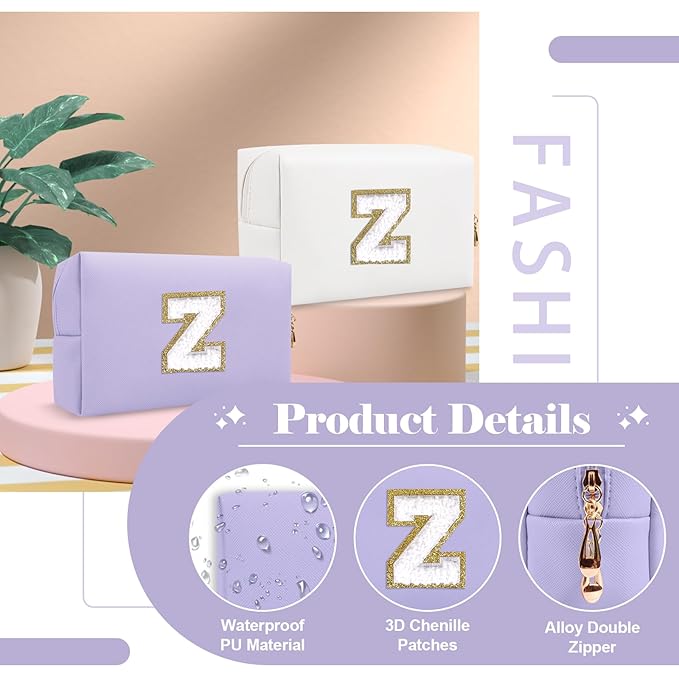 Personalized Makeup Bag Initial A-Z Preppy Patch Bag,Small PU Leather Travel Cosmetic Bag Pouch with Zipper,Purple Cute Toiletry Bag,Gift Ideal for Teen Girls Women Birthday Friend Mom,Latter Z