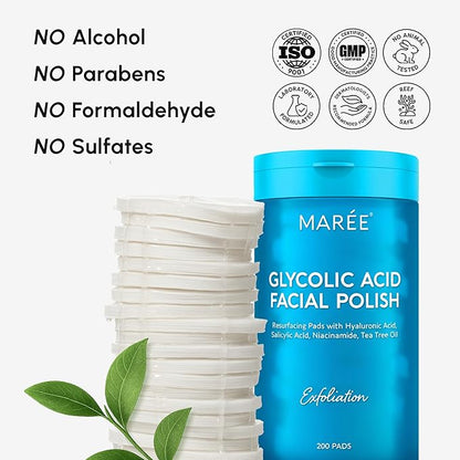 MAREE Glycolic Toner Pads – 200 Toner Pads for Face Cleansing – Facial Exfoliating Pad with Tea Tree Oil, Salicylic Acid & Vitamins E, B3, B5 – Acne Clearing, Skin Pore Resurfacing & Radiance Device