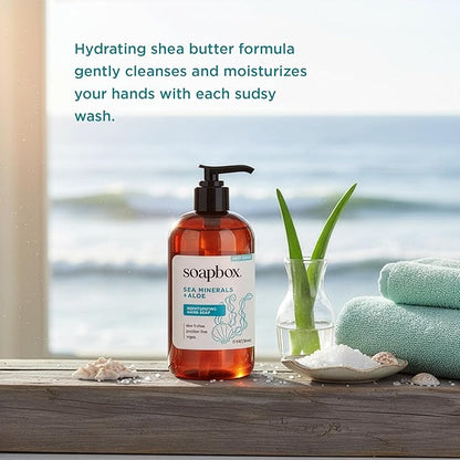 Soapbox Hand Soap Variety Pack (Coconut, Sea Minerals, Vanilla Bean) Liquid Hand Soap, Moisturizing Wash with Shea Butter & Aloe Vera, Pack of 3 Bottles with Pump Dispenser, 12oz Each