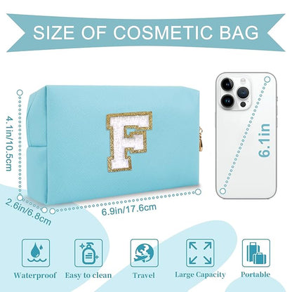 Small Personalized Initial A-Z Preppy Patch Makeup Bag,PU Chenille Letter Travel Cosmetic Pouch with Zipper,Blue Cute Toiletry Bag,Gift Ideal for Teen Girls Women Teacher Bridesmaid,Letter F