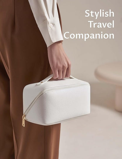 Yarnic White Travel Makeup Bag Cosmetic Bag Make Up Pouch, Large Capacity Toiletry Bag for Women, Portable Pouch Cute Make Up Organizer with Divider and Handle, PU Leather