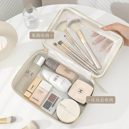 Clear and Waterproof Makeup Bag Portable Travel Cosmetic Case Organizer for Women Toiletry Pouch with Transparent Vinyl Windows & Zippers (White)