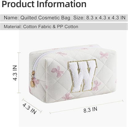 Gleyemor Personalized Initial Makeup Bag for Women, Cute Quilted Pink Floral Cotton Cosmetic Bag, Christmas Gifts for Her Mom Friend Sister Bridesmaid Teacher Women W