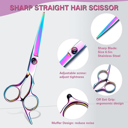 Hair Cutting Scissors Kit 11PCS, Professional Haircut Scissors with Japanese Stainless Steel Shears, Thinning Shears, Haircut Accessories in Leather Case for Salon/Home (Rainbow)