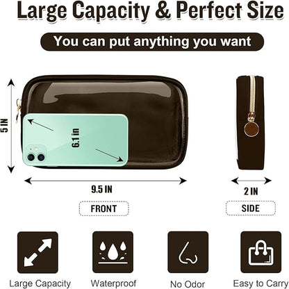 Small Clear Travel Makeup Organizer Bag for Purse, Cute Black Makeup Bag Preppy Cosmetic Zipper Pouch Purse, Transparent PVC & Nylon Toiletry Bag Clutch Makeup Brush Bag Storage for Women Girls(Brown)