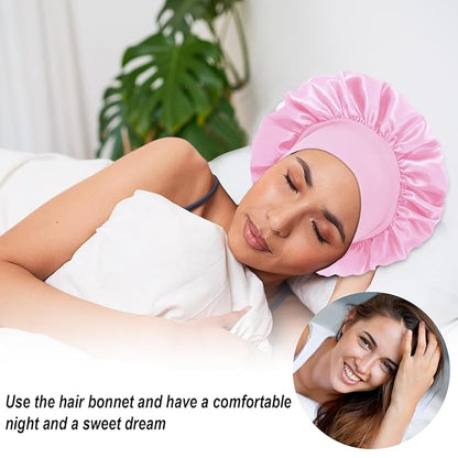 4Pcs Silk Satin Hair Bonnets for Sleeping - Elastic Wide Band Satin Hair Wrap for Sleeping Black Women Men,Silk Bonnets for Curly Hair(Black & Pink & Blue & Purple)