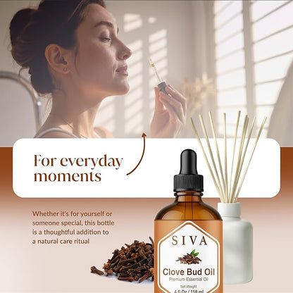 Siva Clove Bud Essential Oil - 4 Fl Oz – 100% Natural Clove Oil - for Diffuser, Face, Skin Care, Aromatherapy, Hair Care, Scalp and Body Massage - with Dropper