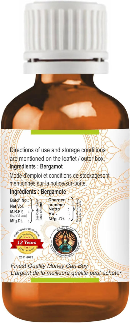 Greenwood Essential Bergamot Essential Oil (Citrus bergamia) Pure | Non-Sticky | Non-Greasy | Lightweight | Men & Women | All Skin Types | Steam Distilled 15ml (0.50 oz)