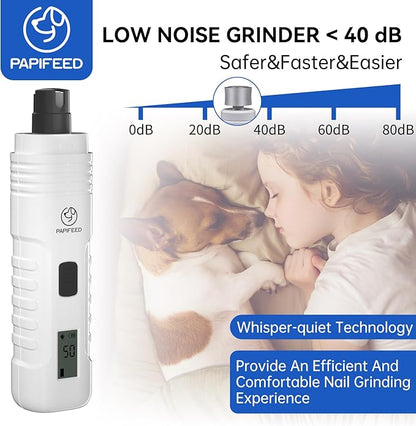 PAPIFEED Dog Nail Grinder Professional Pets, 3-Speed Electric Quiet Dog Nail Grinder, Rechargeable Dog Nail Trimmers - with 2 LED Lights/2 Grinder Wheels, for Small, Medium, (White)