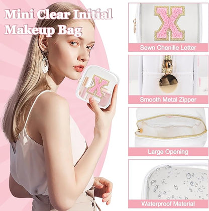 Mini Clear Personalized Initial Makeup Bag, Small Preppy A-Z Chenille Letter Patch Cosmetic Pouch, Transparent PVC & Nylon Waterproof Zip Beach Toiletry Bag,Gift for Women Girls(White-Pink X)