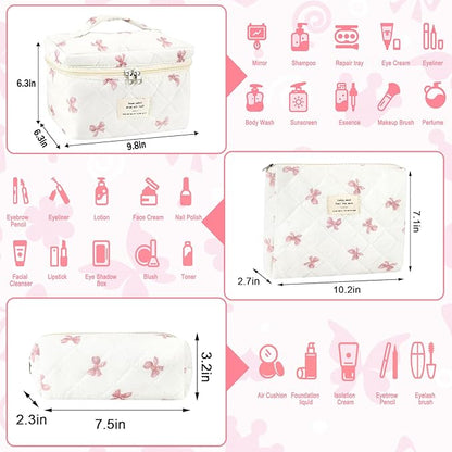3Pcs Cotton Quilted Makeup Bag for Women Extra Large Coquette Small Floral Travel Cosmetic Bag Set Aesthetic Cute Bow Makeup Pouch Portable Toiletry Bag Puffy Essential Storage Organizer