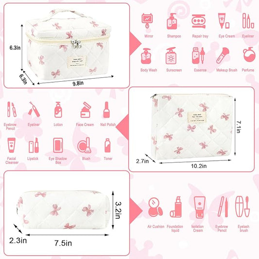 3Pcs Cotton Quilted Makeup Bag for Women Extra Large Coquette Small Floral Travel Cosmetic Bag Set Aesthetic Cute Bow Makeup Pouch Portable Toiletry Bag Puffy Essential Storage Organizer