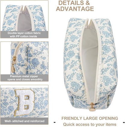 Gleyemor Personalized Initial Makeup Bag for Women, Cute Quilted Blue Floral Cotton Cosmetic Bag, Christmas Gifts for Her Mom Friend Sister Bridesmaid Teacher Women B
