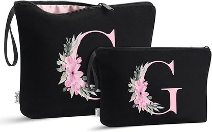 Vavabox A-Z Personalized Makeup Bag, Birthday Gifts for Women Mom, Gifts for Best Friend, Bride Bridesmaid Cosmetic bag (G, 04-Black Set)