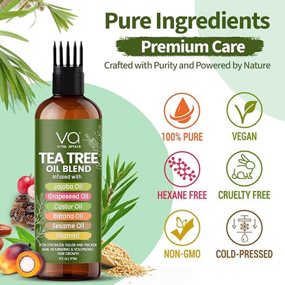 VITAL AFFAIR Tea Tree Oil For Hair With Jojoba, Castor, Batana Oil - Tea Tree Hair And Scalp Treatment - Hair Oil For Dandruff - Helps Strengthen, Volumize & Promotes Hair Growth - 6 Fl Oz