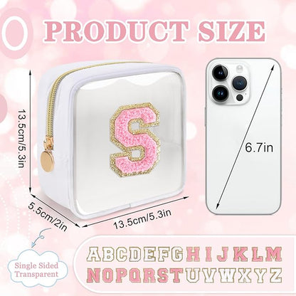 Mini Clear Personalized Initial Makeup Bag,Nylon Preppy A-Z Chenille Letter Patch Zipper Cosmetic Bag, Small Cute Beach Pouch Travel Purse Sanitary Napkin Storage Bag for Women Girls(White-Pink S)