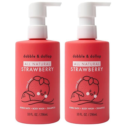 Dabble & Dollop All Natural Strawberry 3-in-1 Body Wash, Shampoo & Bubble Bath for Kids – Tear-Free, Gentle, Hypoallergenic, Vegan, No Parabens or Sulfates (10 fl oz, Pack of 2)
