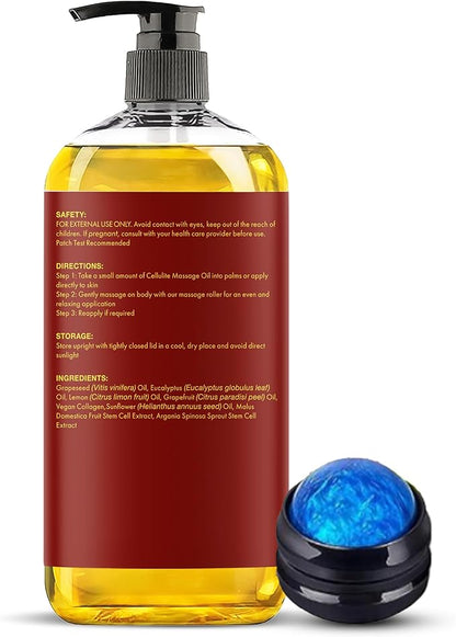MAJESTIC PURE Massage Oil for Massage Therapy - Refreshing, and Relaxing - Natural Oils - for All Skin Types - Men and Women (8 Fl Oz, Cellulite Massage Oil with Roller)