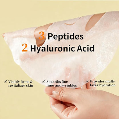 Firming and Moisturizing Sheet Face Masks (Pack of 10) with Hyaluronic Acid and Peptides, Reduce Fine Lines and Wrinkles, Hydrating & Anti-Aging Spa Face Mask, Facial Skin Care