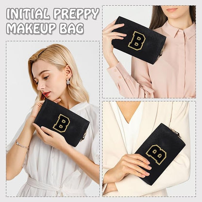 Personalized Initial Travel Preppy Makeup Bag, Small Cute Black Cosmetic Pouch Monogram Toiletry Organizer with Zipper, Waterproof PU Make Up Bags Storage Birthday Bridal Shower Women Gift (Letter B)