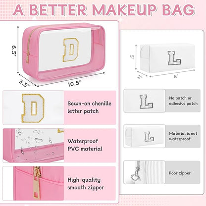 Personalized Initial Clear Makeup Bag, Travel Chenille Patch Cosmetic Bag, Preppy Toiletry Bag Monogram Cosmetic Pouch with Zipper, Ideal Gift for Teen Girls Women (Clear-Pink, D)