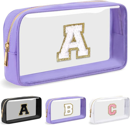 Personalized Initial Letter Clear Makeup Bag,Preppy Small Nylon&PVC Cosmetic Zipper Bag with Chenille Letter,Travel Skincare Toiletry Bag,Monogram Christmas Gift for Teen Girls Women,A