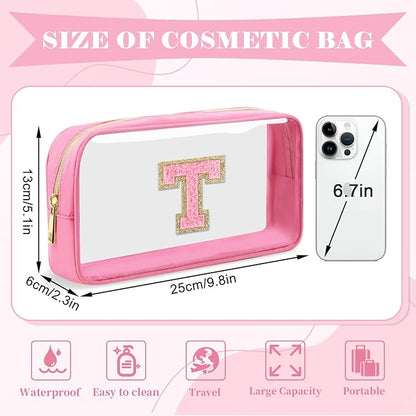 Personalized Initial Letter Clear Makeup Bag,Preppy Small Nylon&PVC Cosmetic Zipper Bag with Chenille Letter,Portable Beach Travel Skincare Toiletry Bag,Trendy Monogram Gift for Teen Girls Women,T