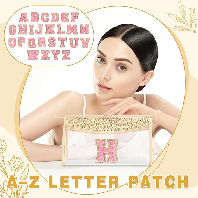 Small Boho Straw Initial Letter Makeup Bag Personalized Gift ,Cute Clear Chenille Patch Makeup Bag With Zipper,Trendy TSA Approved Travel Toiletry Bag,Gift for Women Girls Birthday Friend, Letter H
