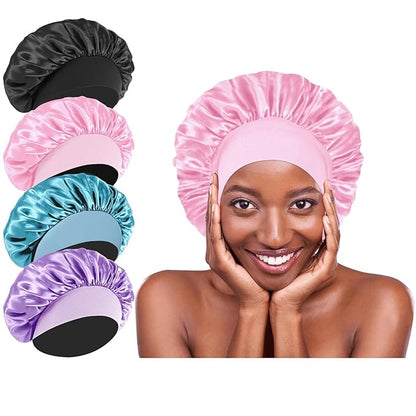 4Pcs Silk Satin Hair Bonnets for Sleeping - Elastic Wide Band Satin Hair Wrap for Sleeping Black Women Men,Silk Bonnets for Curly Hair(Black & Pink & Blue & Purple)
