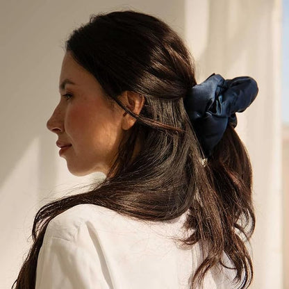 Drowsy Oversized Scrunchie – Luxury Mulberry Silk Hair Tie for All Hair Types, Sleep Scrunchie to Reduce Breakage, Maintain Moisture & Enhance Hair Shine - Midnight Blue