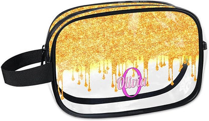 Personalized Clear Makeup Bag with Name, Best Friends Teen Women Mom Birthday Gift PVC Cosmetic Toiletry Travel Bag for Toiletries, Gold Color Bling Glittering