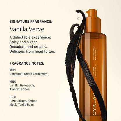 CYKLAR Vitamin C Body Oil for Women and Men. Moisturizing Vanilla Verve Scented Body Serum for Glowing Skin. Nourishing, Hydrating After-Shower and Bath Skin Care Moisturizer, 4.2 Fl Oz