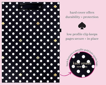 Kate Spade New York A4 Clipboard Folio with Low Profile Clip, Black Professional Padfolio Includes Lined Notepad, Pen Loop, and Pocket, Polka Dots