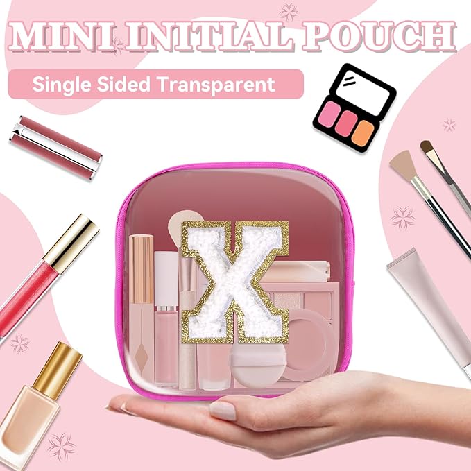 Mini Clear Personalized Initial Makeup Bag, Small Preppy A-Z Chenille Letter Patch Cosmetic Pouch, Transparent PVC & Nylon Waterproof Zip Beach Toiletry Bag,Gift for Women Girls(Hot Pink-White X)