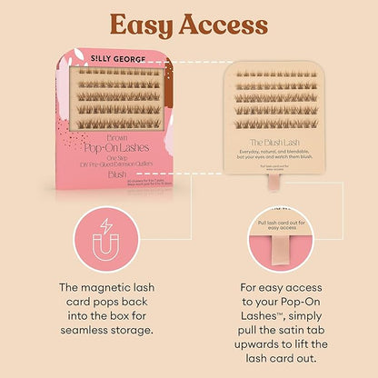 Silly George Pop-On Lashes - DIY 1-Step Pre-Glued Faux Eyelash Clusters, Natural Look Extensions, Brown - Blush, 5-7 Pair Set, Pack of 60 Clusters