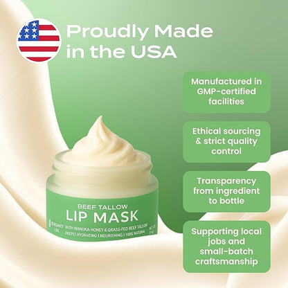 Body Restore Grass Fed Beef Tallow Lip Mask, with Manuka Honey – Christmas Stocking Stuffers, White Elephant, Hydrating Moisture, Travel Essentials, Self Care, Birthday Gifts for Women, Men – Bergamot