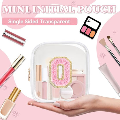 Mini Clear Personalized Initial Makeup Bag,Small Nylon Waterproof Zip Beach Cosmetic Pouch,Preppy A-Z Chenille Letter Patch Cute Coin Purse Travel Toiletry Bag Car Pack Bag for Women(White-Pink O)