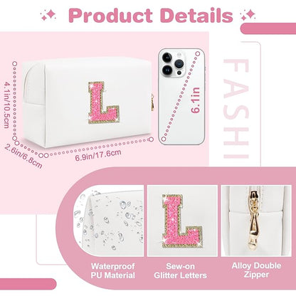 Small Personalized Initial A-Z Patch Makeup Bag,White Cute PU Leather Glitter Letter Cosmetic Bag for Teen Girls,Travel Toiletry Bag with Zipper,Preppy Monogrammed Birthday Gift for Daughter Niece L