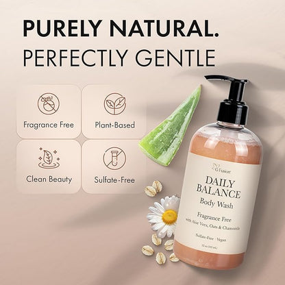 Daily Balance Body Wash – Natural Fragrance Free Cleanser – Plant-Based Hydrating Shower Gel with Oatmeal, Aloe & Chamomile – Vegan, pH Balanced, Sulfate-Free Clean Beauty Care. 12 Fl Oz (355 ML)