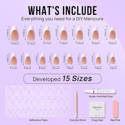 BTArtbox French Tip Press On Nails - Medium Press On Nails Almond, Natural Fake Nail with Nail Glue, Brown Glue On Nails in 15 Sizes - 30 Fake Nails Kit, Capable
