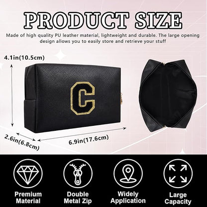 Personalized Initial Letter Patch Makeup Bag, Preppy Portable Chenille Cosmetic Bag with Zipper, PU Leather Waterproof Travel Toiletry Bag Monogram Make Up Pouch for Women Girls