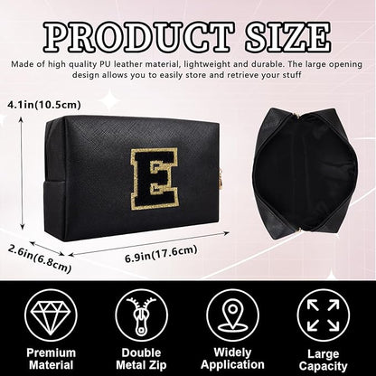 Personalized Initial Letter Patch Makeup Bag, Preppy Portable Chenille Cosmetic Bag with Zipper, PU Leather Waterproof Travel Toiletry Bag Monogram Make Up Pouch for Women Girls