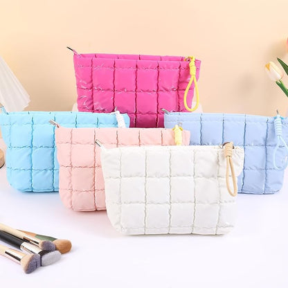 Puffer Quilted Makeup Bag Travel Cosmetic Bag Portable Puffy Checkered Toiletry Pouch Skincare Organizer Purse Pencil Case (Sky Blue)