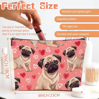 Makeup Bag Travel Cosmetic Bags Small Makeup Case Waterproof Zipper Pouch for Women Girls 7X9inches - Adorable Pug Pattern with Heart Elements