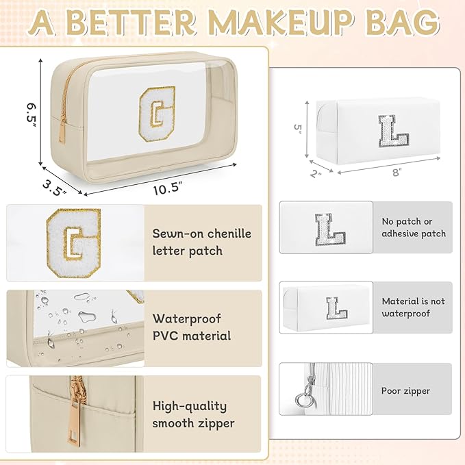 Personalized Initial Clear Makeup Bag, Travel Chenille Patch Cosmetic Bag, Preppy Toiletry Bag Monogram Cosmetic Pouch with Zipper, Ideal Gift for Teen Girls Women (Clear-Beige, G)