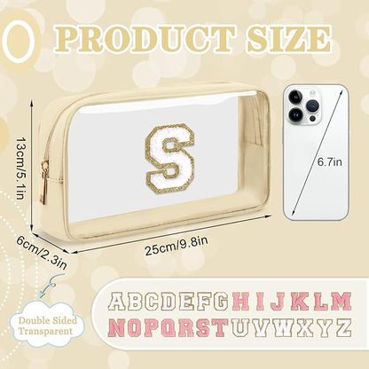 Small Clear Personalized Initial Makeup Bag,Nylon Preppy A-Z Chenille Letter Patch Cosmetic Pouch Beach Toiletry Bag,Waterproof Zipper Travel Purse Storage Bag Organizer for Women Girls(Beige-White S)