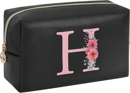 Personalized Initial Makeup Bag, Birthday Gifts for Women and Girls, Small Makeup Pouch Travel Toiletry Bag, Make Up Organizer Bag Gift Trendy Stuff for Friend Mom Teacher, Black
