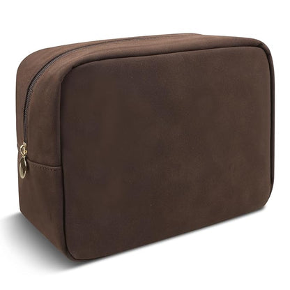 Waterproof Large Makeup Pouch,Suede Women Travel Toiletry Storage Preppy Cosmetic Bag for Girls,Big Makeup Organizer Bag Cute Zipper Pouch for Sport Work Gift(Large-Coffee)