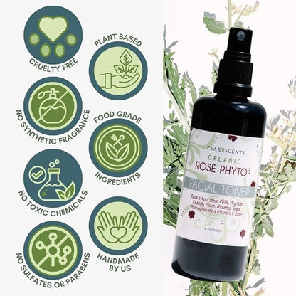 Peak Scents Organic Phyto³ Rose Water Facial Toner Spray - Pure Rosewater for Face, with Acaí and Herbal Extracts - Eco-Friendly and Vegan - Hydrating Rose Water Organic Face Spray (4 oz)