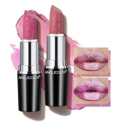 Anglicolor 2pcs Pink Glitter Lipstick,High Impact Lipcolor,Lightweight Hydrating Formula Smooth and Non-Sticky,Metallic Lipstick For Women,Full-Coverage Lip Color